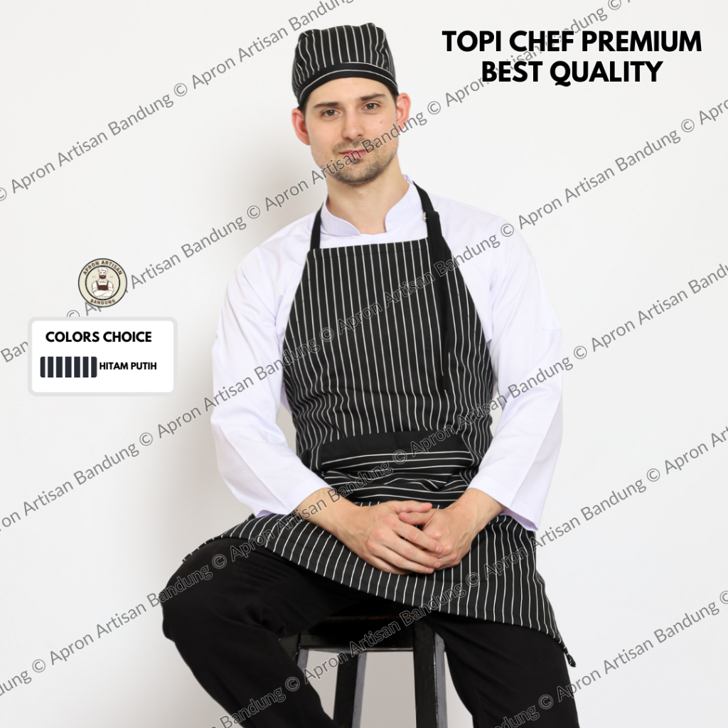 Topi Koki Topi Chef Loreng Hitam Putih Model Jepang Pendek untuk Barista Barberman Waiters Pelayan Resto Hotel Pabrik Pastry Ukuran Dewasa High Quality