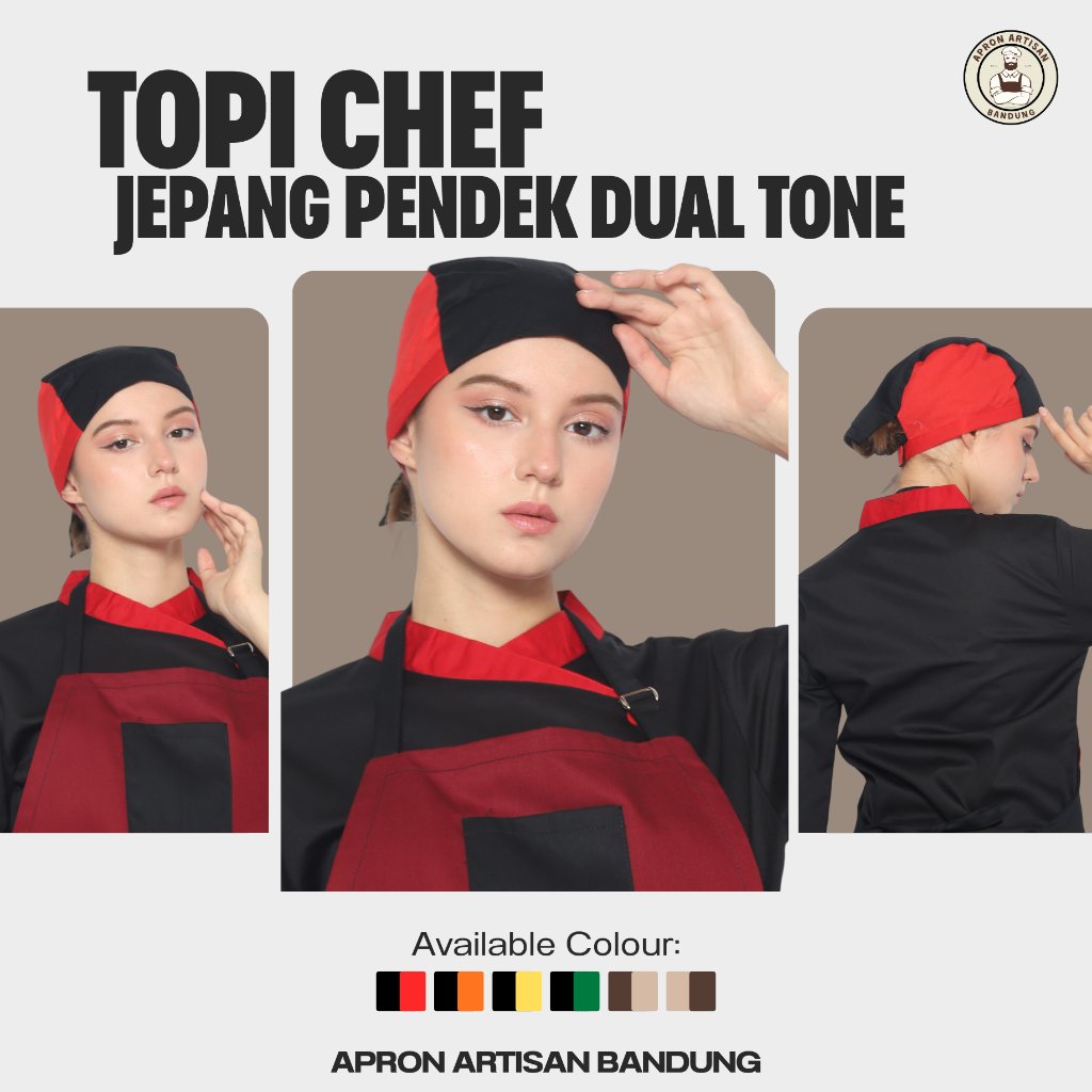 Topi Chef Model Jepang Pendek Kombinasi 2 Warna untuk Chef Koki Waiters Barista